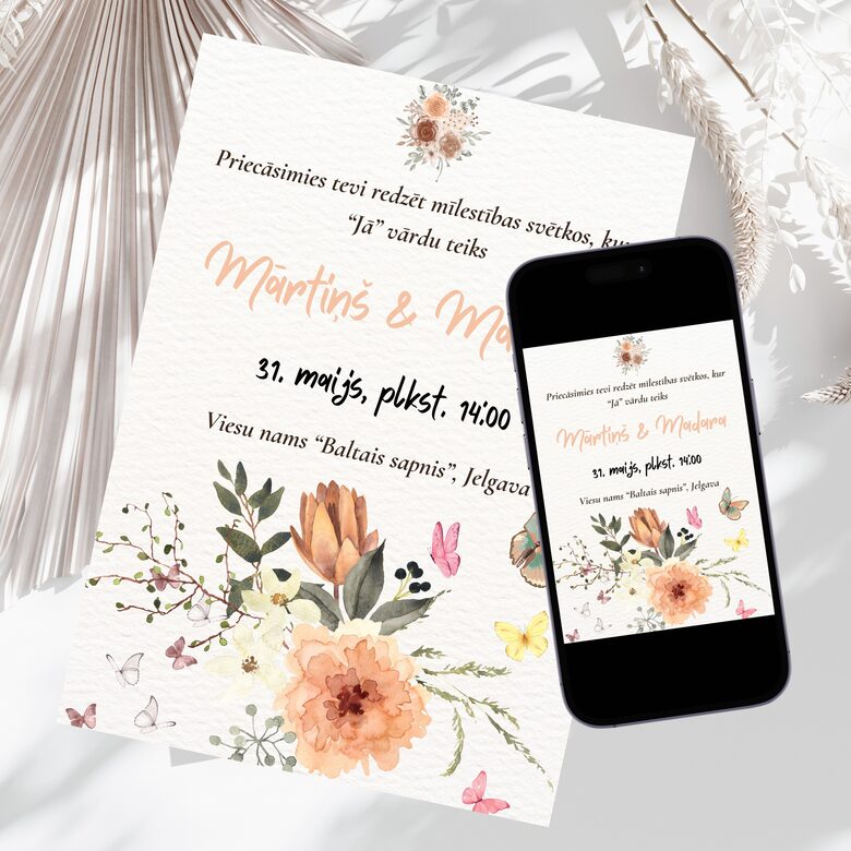 Digitāls kāzu ielūgums maigos toņos ar pavasarīgiem ziedu un tauriņu motīviem